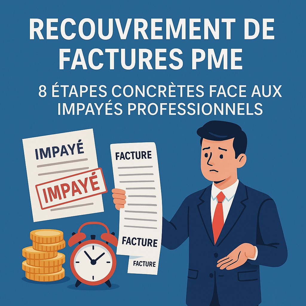 Illustration d'une PME SaaS faisant face à un client professionnel qui ne paie pas ses factures, avec actions de recouvrement.