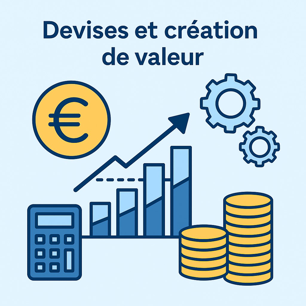 Illustration du lien entre devises et création de valeur pour les PME, avec icônes de l’euro, graphique de croissance, calculatrice et pièces de monnaie.